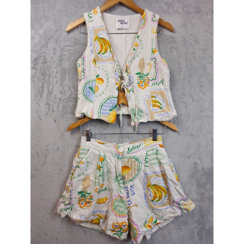 Paper Heart Anthropologie Linen Blend Shorts Set Beachy Fruit Tropical Small